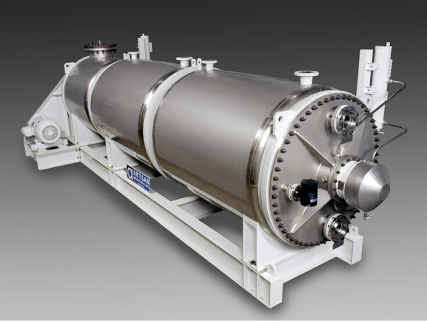 Large skid-mounted horizontal industrial reactor vessel with a heavy-duty electric drive motor and gearbox, fabricated in stainless steel by Artisan Industries Inc., highlighting technology advantages in process efficiency.